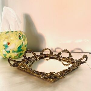 Vintage Gold/Brass Gilded Vanity Mirror Tray Ornate Filigree Design With Handles